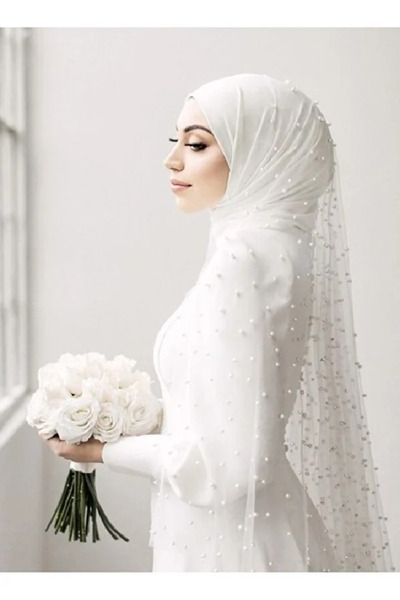 JetDukkan Voal de perle pentru hijab, fără pieptene, 2,5 metri - Voal de perl...