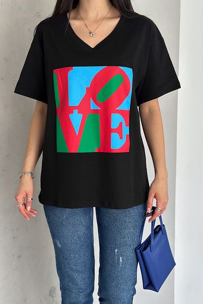 FEMELLE Tricou de damă din bumbac cu imprimeu Love Black