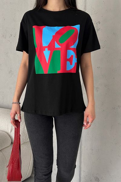 FEMELLE Tricou de damă din bumbac cu imprimeu Love Black
