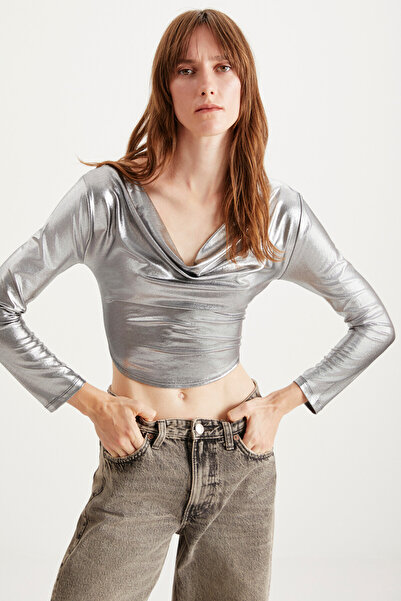 GRIMELANGE Жіноче бюст'є з еластичної тканини з довгими рукавами Arleen Degaje Gumus з покриттям з гумусу сірого кольору