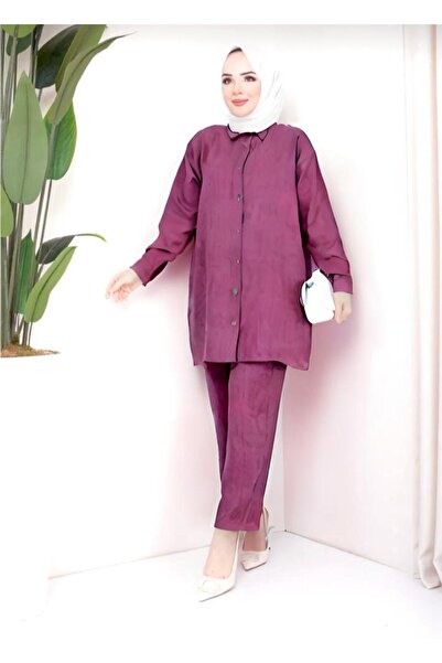 ECK MODA طقم نسائي من قماش الكتان بأزرار سفلية