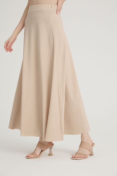 Gül Moda Beige Plain Flared Long Skirt with Elastic Waist G029-11