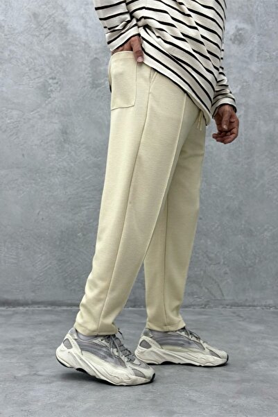 MADZEYMODA Boyfriend Mold Ανδρική Βάφλα Ύφασμα Μπεζ Jogger με ελαστική μέση