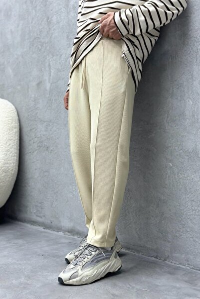 MADZEYMODA Boyfriend Mold Ανδρική Βάφλα Ύφασμα Μπεζ Jogger με ελαστική μέση