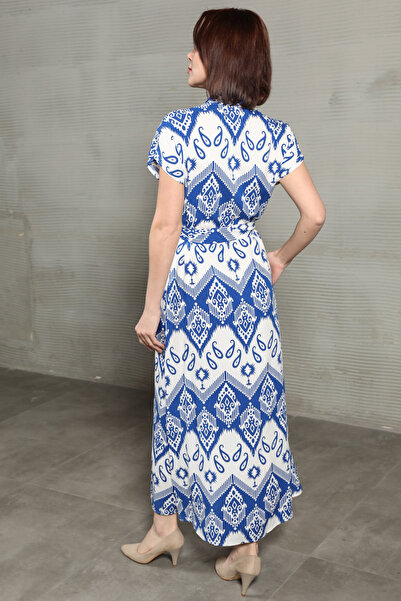 GİYSA Rochie albastră cu imprimeu șal pentru femei, cu detaliu cu nasturi