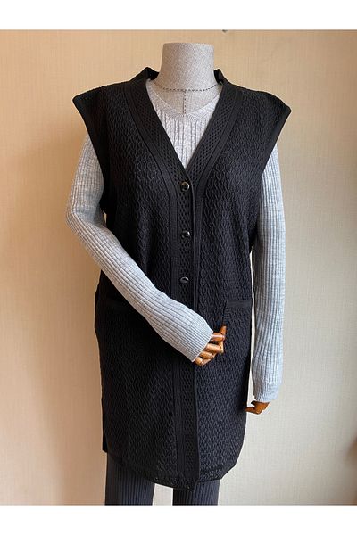 TEK Black Single Knitwear Tunic Vest - Stylish Patterned, Intermediate Size