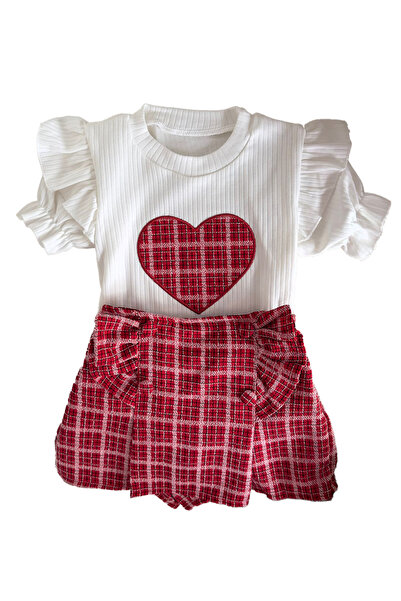 Minigimin Cicileri My Little Flowers Plaid Shorts Skirted Heart Girl 2 Piece Set - Red