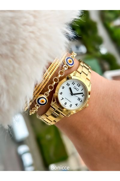 Q&Q Yellow Colored Steel Band - Women's Wristwatch Bracelet with Calendar and Numerals