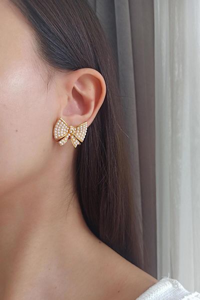 By Zeyna Aksesuar Women's Special Design 3 cm Faux Pearl Ribbon Model Earrings zyna005