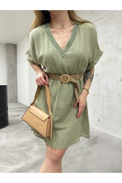BİKELİFE Damen Sommerkleid aus Leinen mit V-Ausschnitt, elastischer Taille und Gürtel