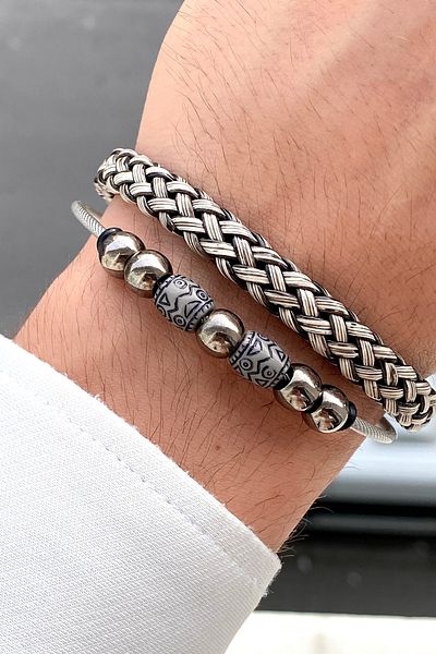 TAKIPORT 2-Piece Braid Detail Luxury Men's Bracelet