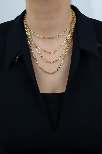 Pridza Geometrik İnce Zincir Dört Sıralı Gold Kolye