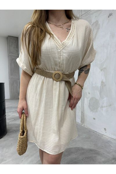 BİKELİFE Damen Sommerkleid aus Leinen mit V-Ausschnitt, elastischer Taille und Gürtel