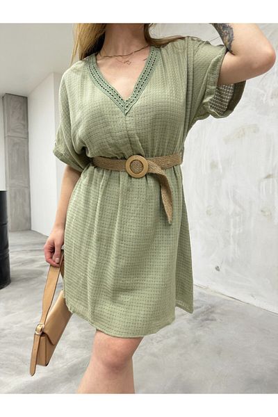 BİKELİFE Damen Sommerkleid aus Leinen mit V-Ausschnitt, elastischer Taille und Gürtel