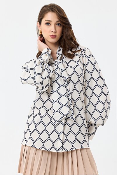 MD trend Női sál mintás léggömb ujjú váll húzózsinór részletes túlméretes blúz ing