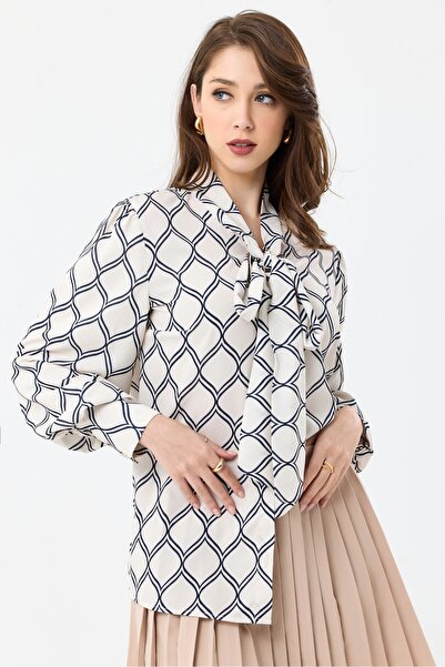 MD trend Női sál mintás léggömb ujjú váll húzózsinór részletes túlméretes blúz ing