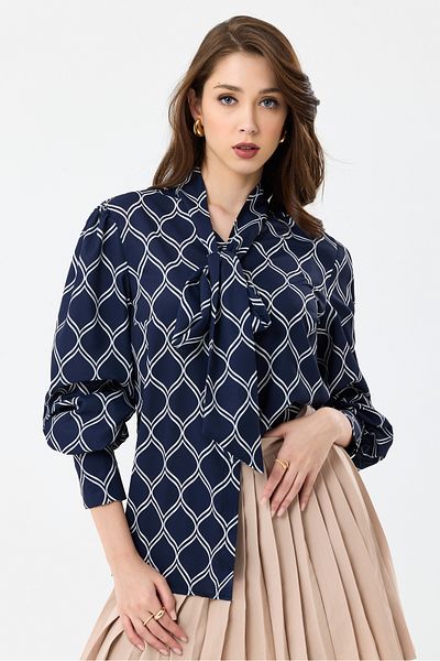 MD trend Women's Scarf Patterned Balloon Sleeve Oversize Blouse Shirt with Shoulder Gather Detail