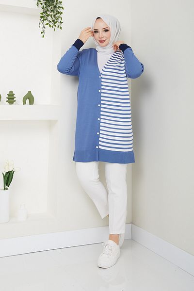 Pamuk Butik Women's Mercerized Stripe Detailed Striped Knitwear Cardigan