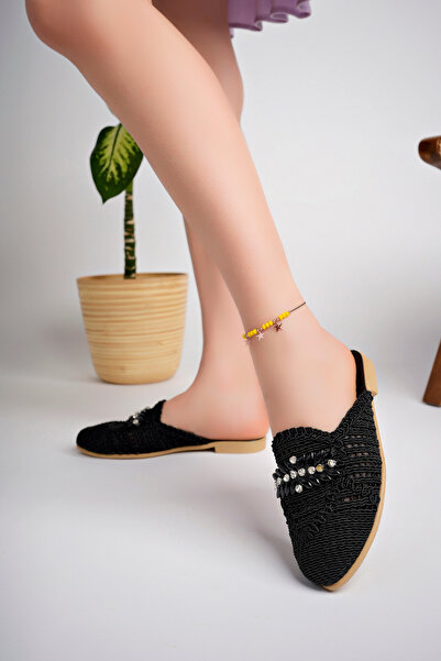 StWenn Women's Stoned Slippers Closed Front Straw Lace Knitted Dowry Daily Sandals