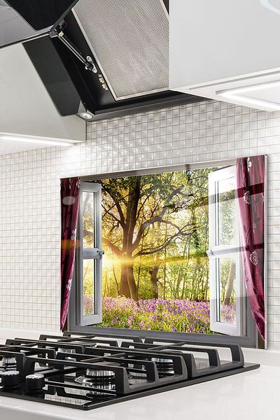 Olinpa 60X52 cm Glass Stove - Protective Back Countertop, Built-In and Window Detail