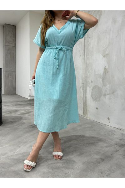 BİKELİFE Women's Bat Sleeve Waist Lace Detailed Summer Linen Dress