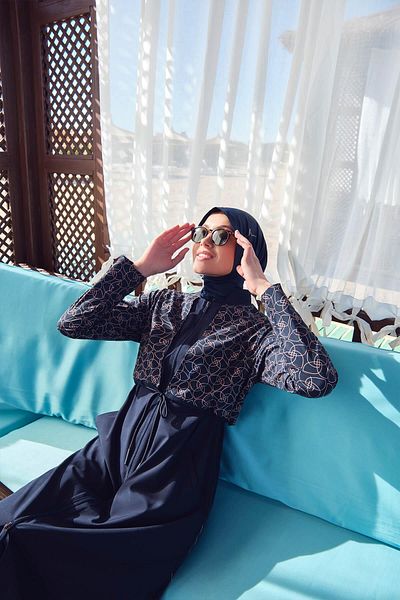Haşema Elisa Cord Λεπτομερές Navy Blue Gilet Full Hijab μαγιό