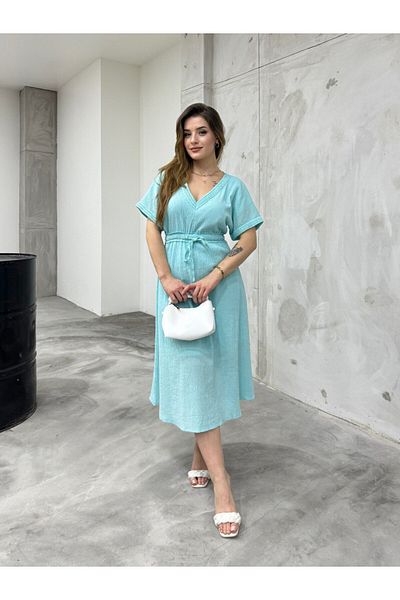 BİKELİFE Women's Bat Sleeve Waist Lace Detailed Summer Linen Dress