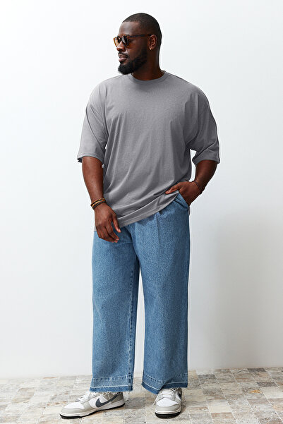Trendyol Collection Gray Oversize Large Size Cotton T-Shirt - Tmnss23Ts00139