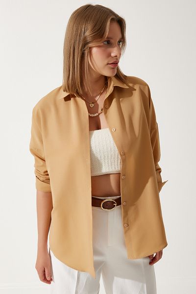 Happiness İstanbul Γυναικείο πουκάμισο Camel Oversize Long Basic DD00842