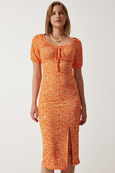Happiness İstanbul Damska pomarańczowa wzorzysta marszczona sukienka z dzianiny CI00102