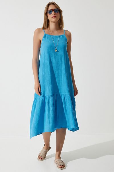 Happiness İstanbul Rochie albastră de vară cu bretele pentru femei BP00163