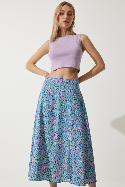 Happiness İstanbul Women's Pink Blue Floral Slit Summer Viscose Skirt MX00165