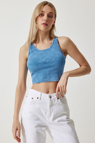Happiness İstanbul Γυναικεία πλεκτή μπλούζα Blue Halter Neck Washed Crop NJ00135