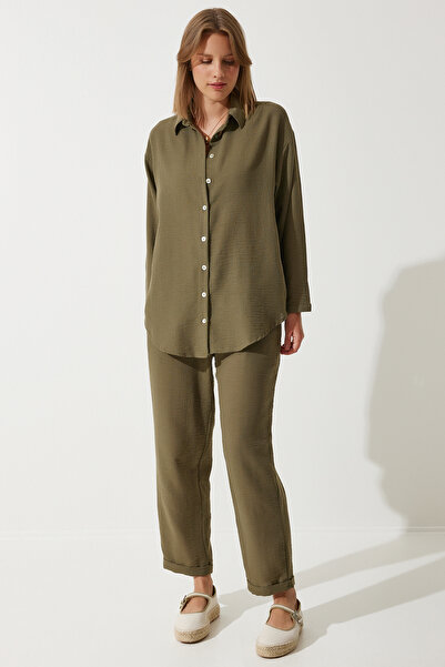 Happiness İstanbul Women's Khaki Linen Oversize Shirt Loose Trousers Set UL00019