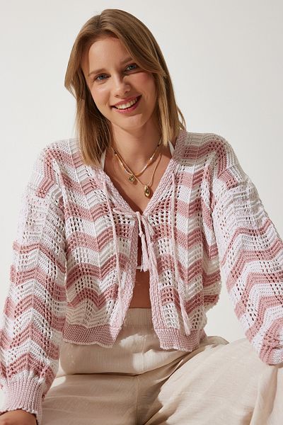 Happiness İstanbul Women's Cream Pink Striped Openwork Seasonal Knitwear Cardigan MW00148