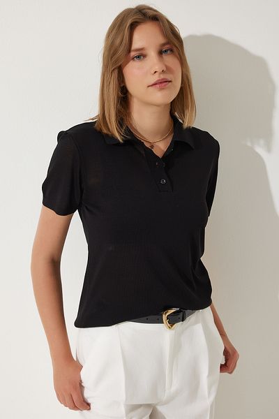 Happiness İstanbul Damen Schwarz Rollkragen Leicht Transparent Sommer Strick Bluse YY00209