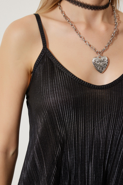 Happiness İstanbul Γυναικείο Καλοκαιρινό Μίνι Πλεκτό Φόρεμα Μαύρο Strappy Πλισέ DZ00119