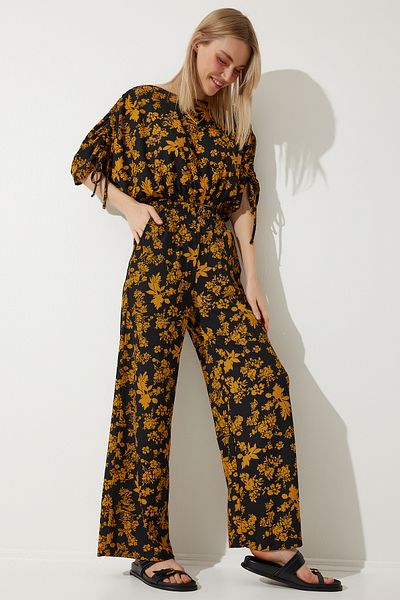 Happiness İstanbul Women's Black Mustard Patterned Blouse Palazzo Knitted Set MC00264
