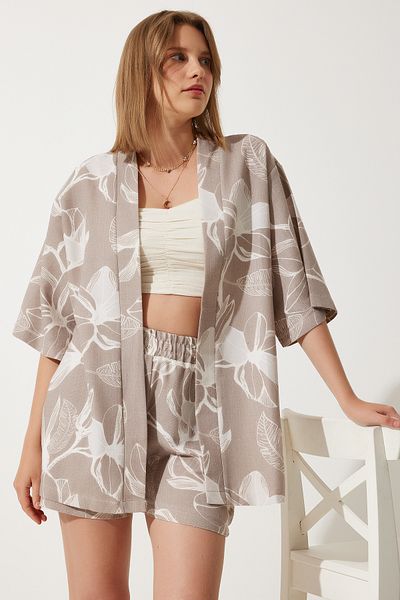 Happiness İstanbul Women's Stone Tropical Patterned Summer Raw Linen Kimono Shorts BP00157