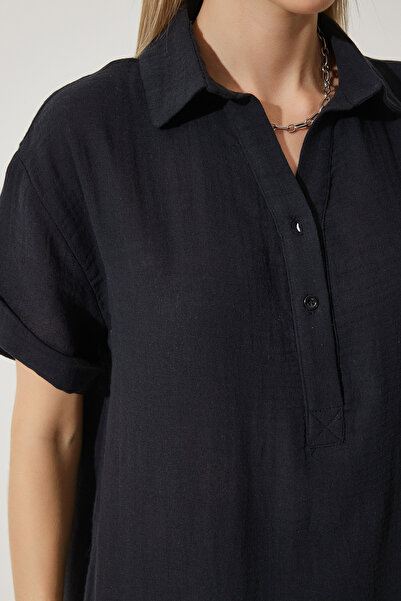 Happiness İstanbul Kadın Siyah Polo Yaka Yazlık Bol Müslin Elbise TO00135