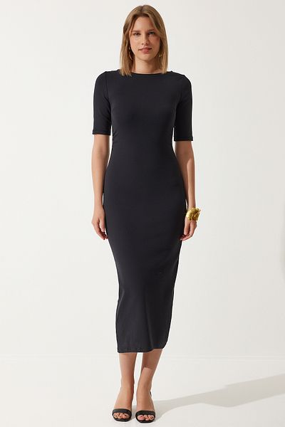 Happiness İstanbul Women's Black Gather Detailed Summer Knitted Dress UB00269