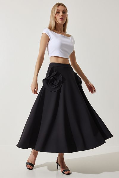 Happiness İstanbul Fustă midi premium pentru femei cu design pentru accesorii Black Rose FK00007