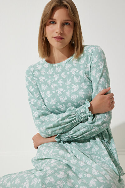 Happiness İstanbul Wassergrünes, florales, langes Strickkleid für Damen DD01322