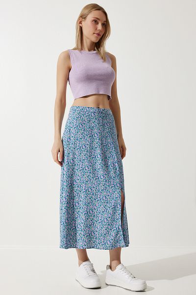 Happiness İstanbul Damen Sommerrock aus Viskose mit Blumenmuster und Schlitz, Rosa/Blau, MX00165