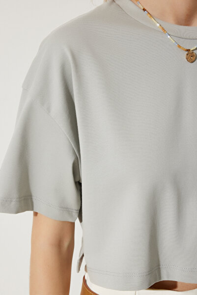 Happiness İstanbul Dámské kamenně šedé pletené tričko ze 100% bavlny oversize úpletu BP00164