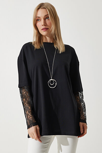 Happiness İstanbul Жіноча чорна туніка з мереживними рукавами вільна довга туніка Orme NJ00149