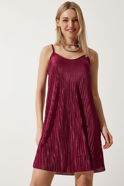Happiness İstanbul Rotes Plissee-Mini-Strickkleid mit Riemchen für Damen, DZ00119
