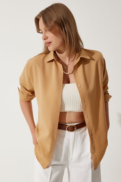Happiness İstanbul Γυναικείο πουκάμισο Camel Oversize Long Basic DD00842