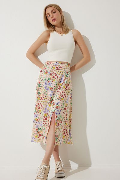 Happiness İstanbul Women's Cream Tile Floral Slit Summer Viscose Skirt MX00165