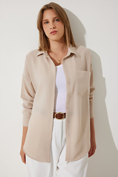 Happiness İstanbul Női világos bézs oversize len Ayrobin ing DD01222